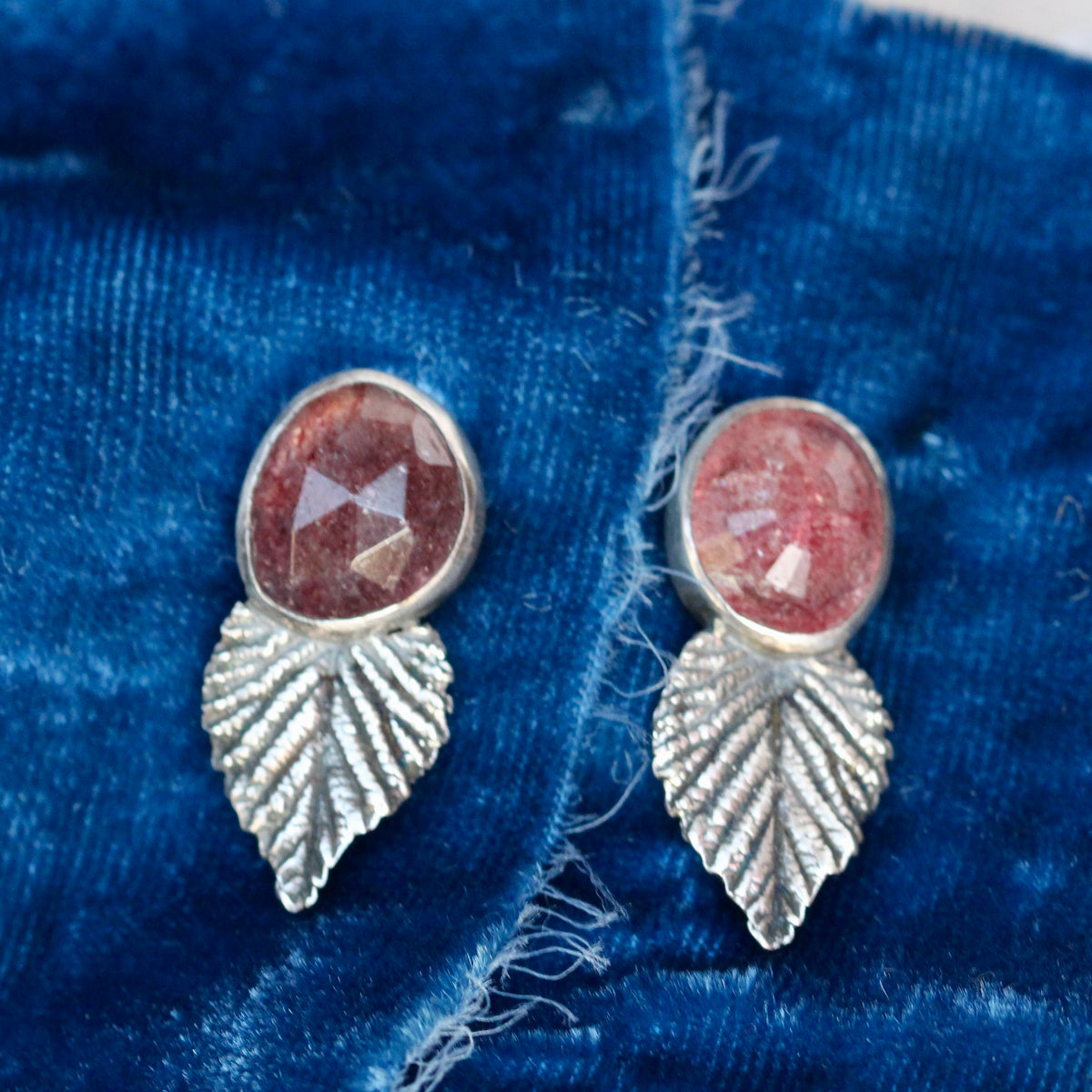 Strawberry quartz and sterling silver raspberry leaf post earrings