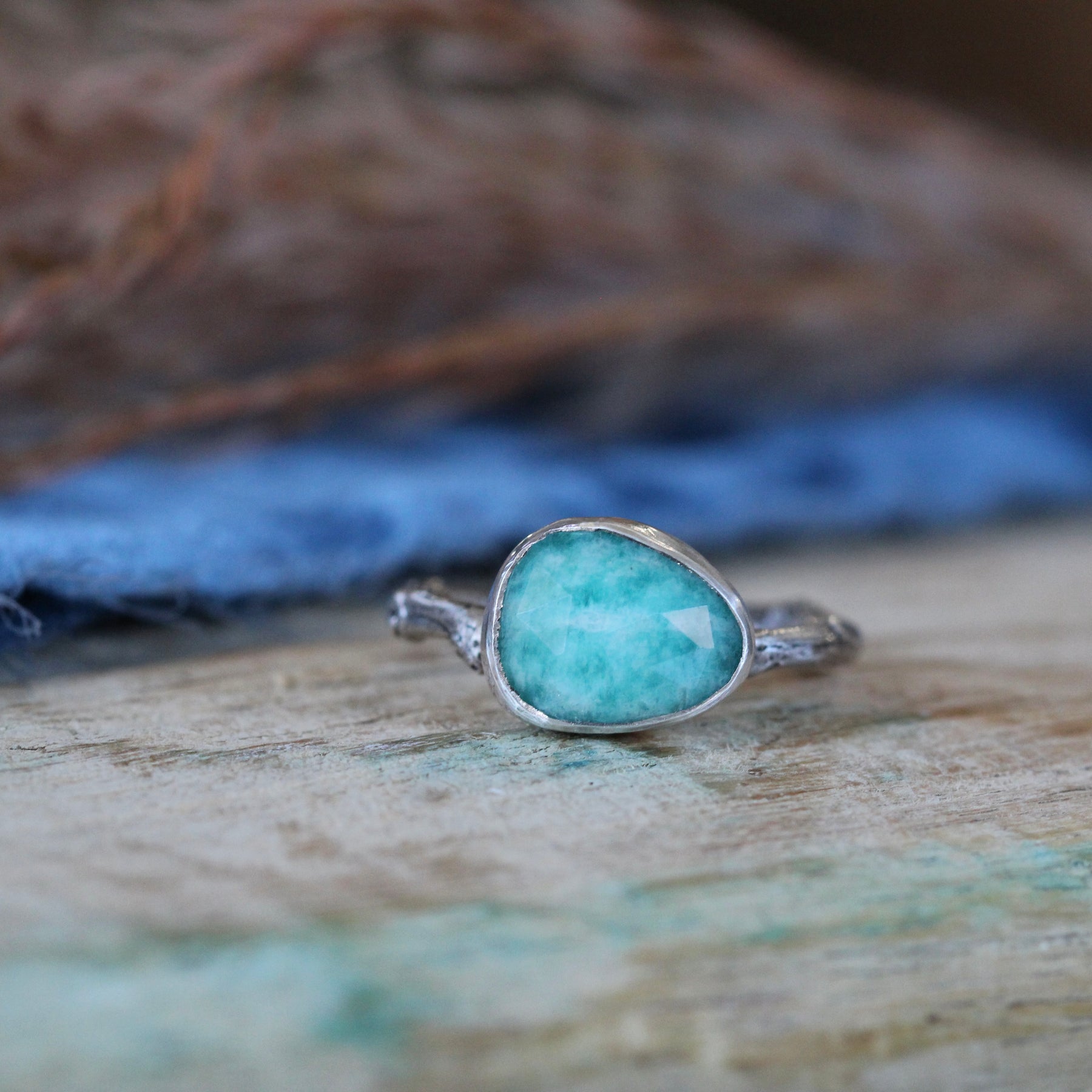 Wanderer Ring Amazonite and sterling silver cast branch