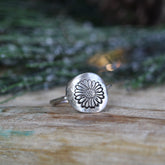 Birth flower signet style sterling silver ring