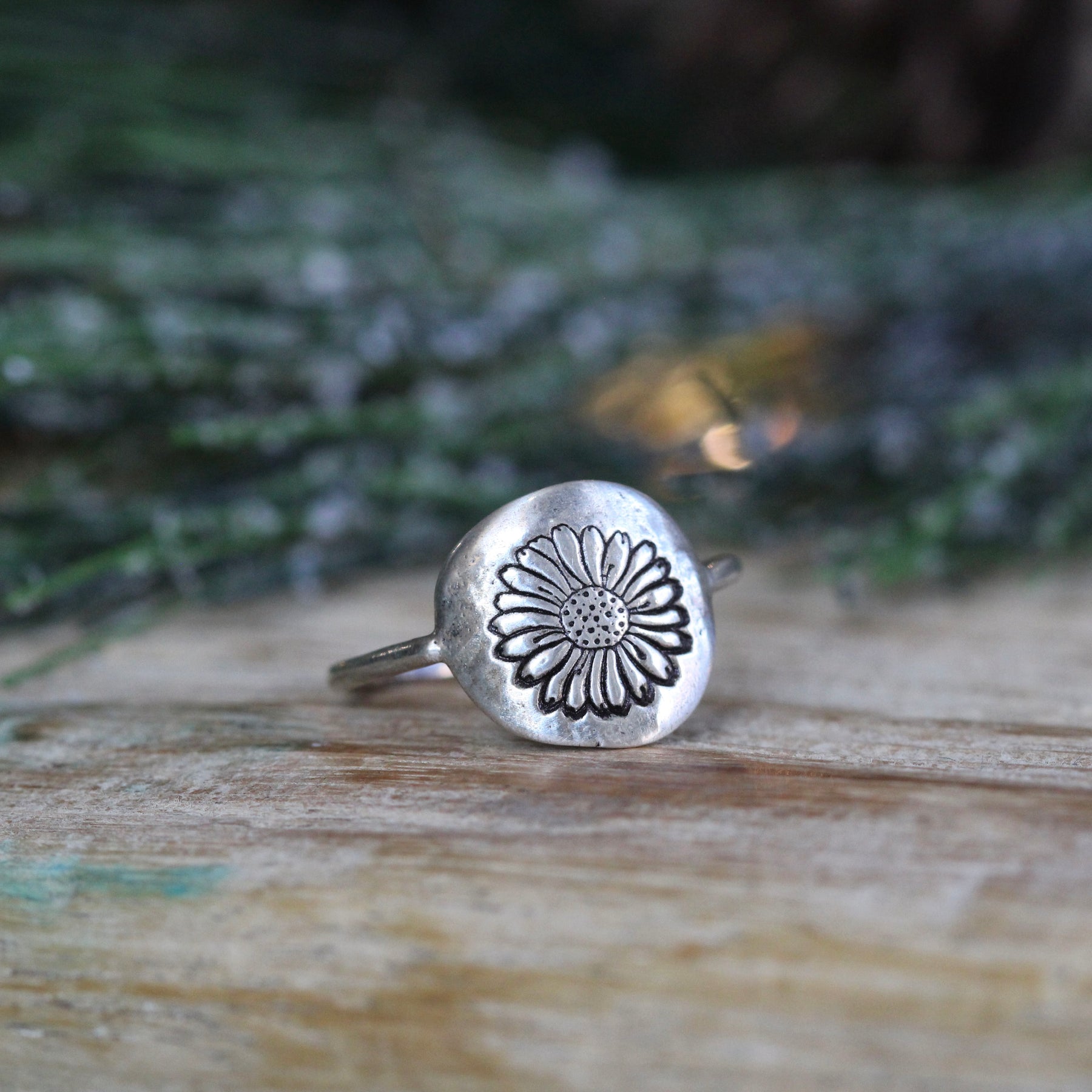 Birth flower signet style sterling silver ring