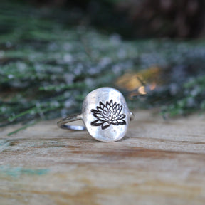 Birth flower signet style sterling silver ring