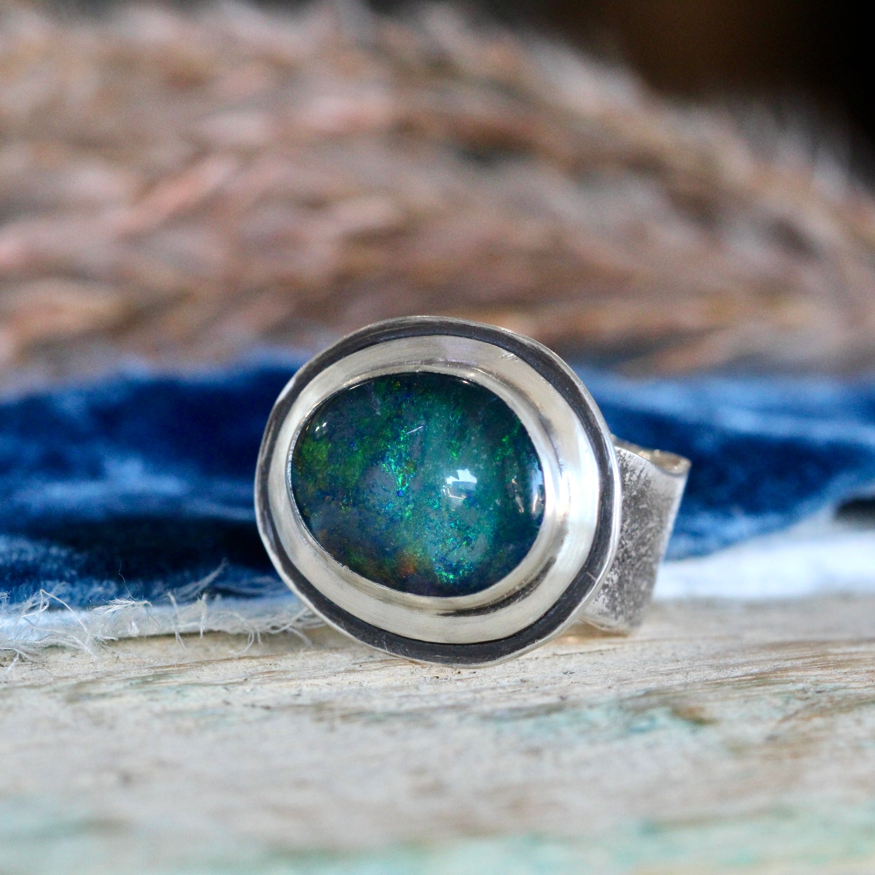 Opal Triplet Statement Ring with Sterling Silver Stepped Focal