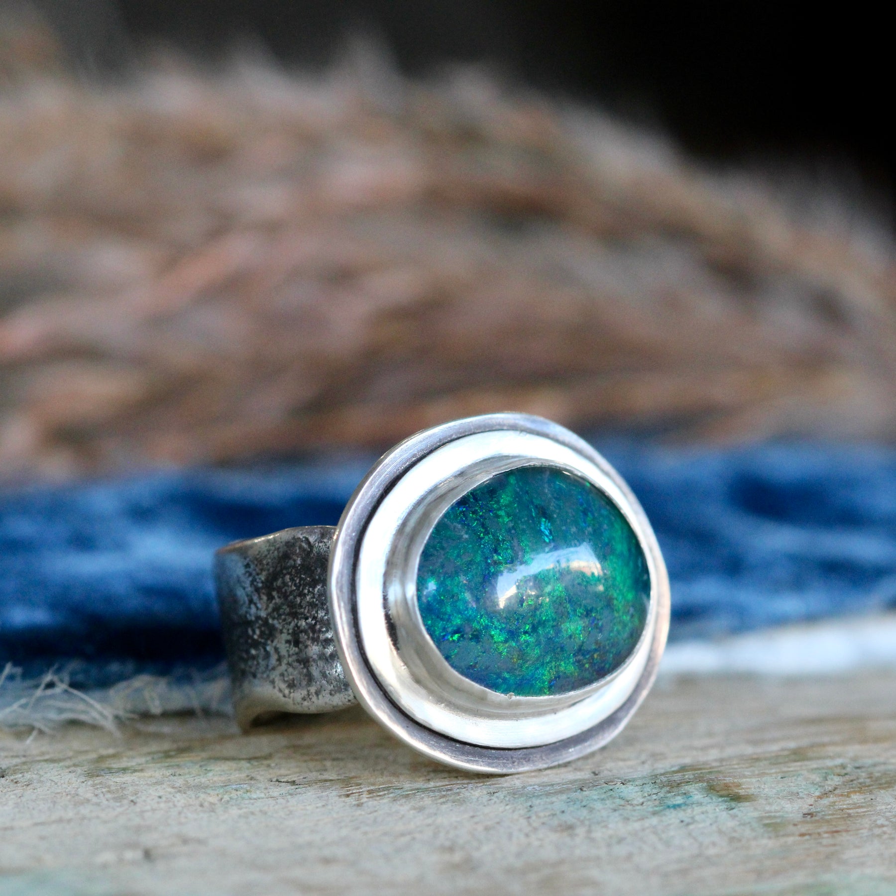 Opal Triplet Statement Ring with Sterling Silver Stepped Focal