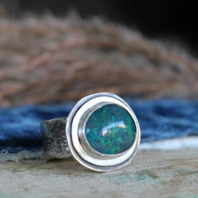 Opal Triplet Statement Ring with Sterling Silver Stepped Focal