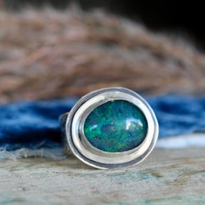 Opal Triplet Statement Ring with Sterling Silver Stepped Focal