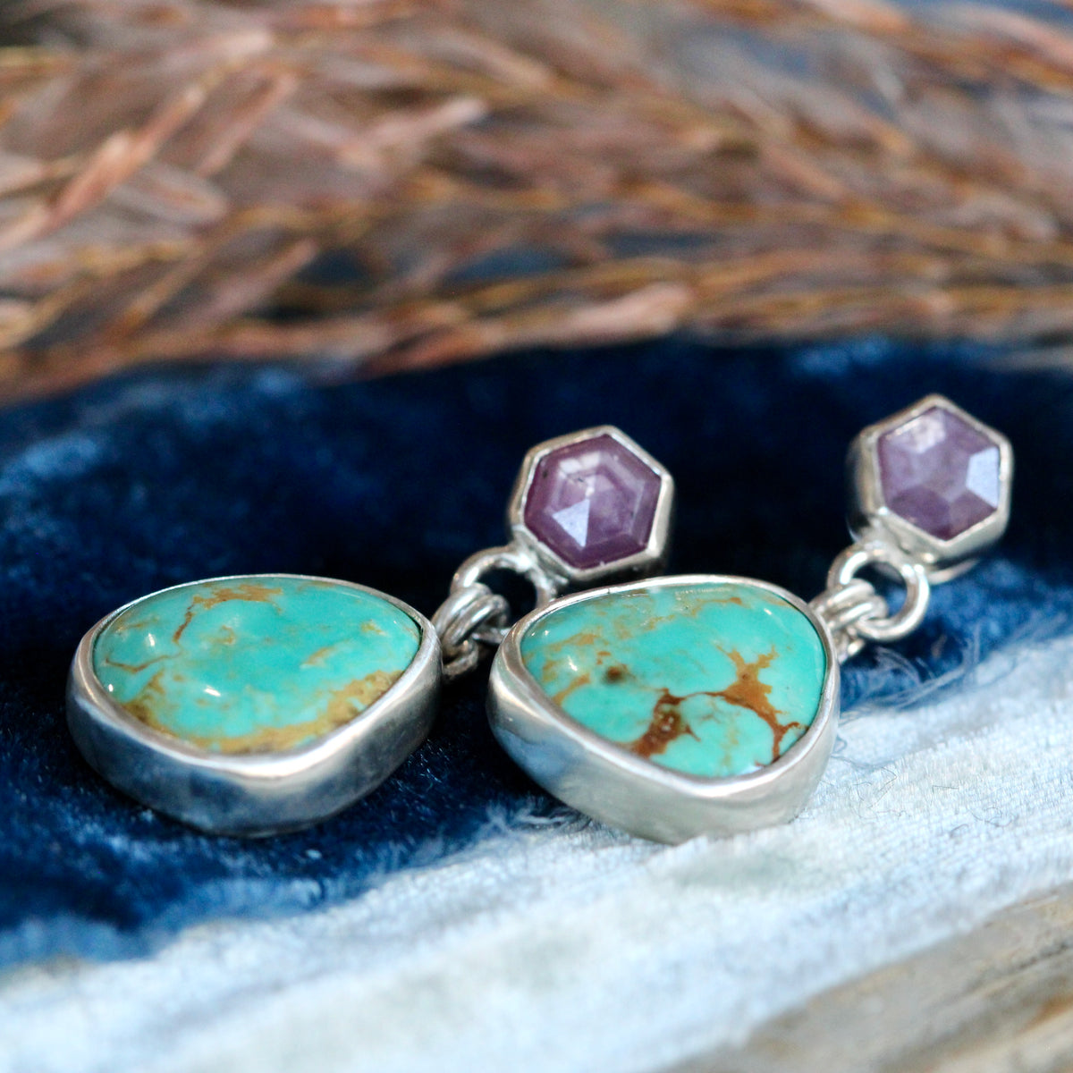 Turquoise and Ruby Statement Earrings in Sterling Silver