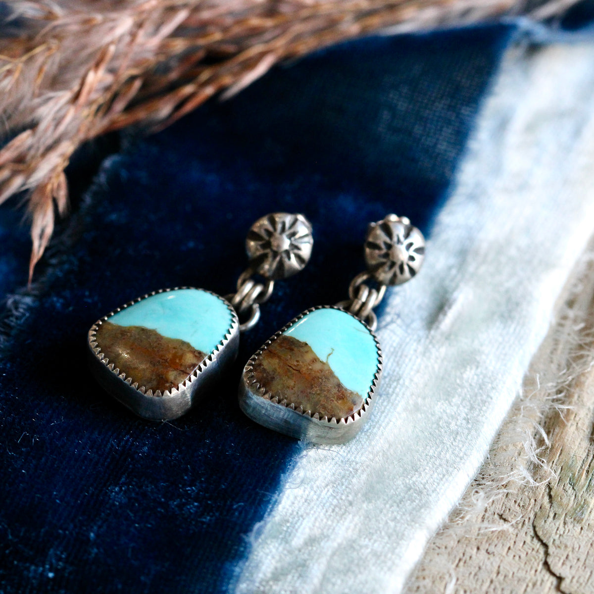 Royston Ribbon Turquoise Statement Earrings with Southwest-Inspired Floral Posts