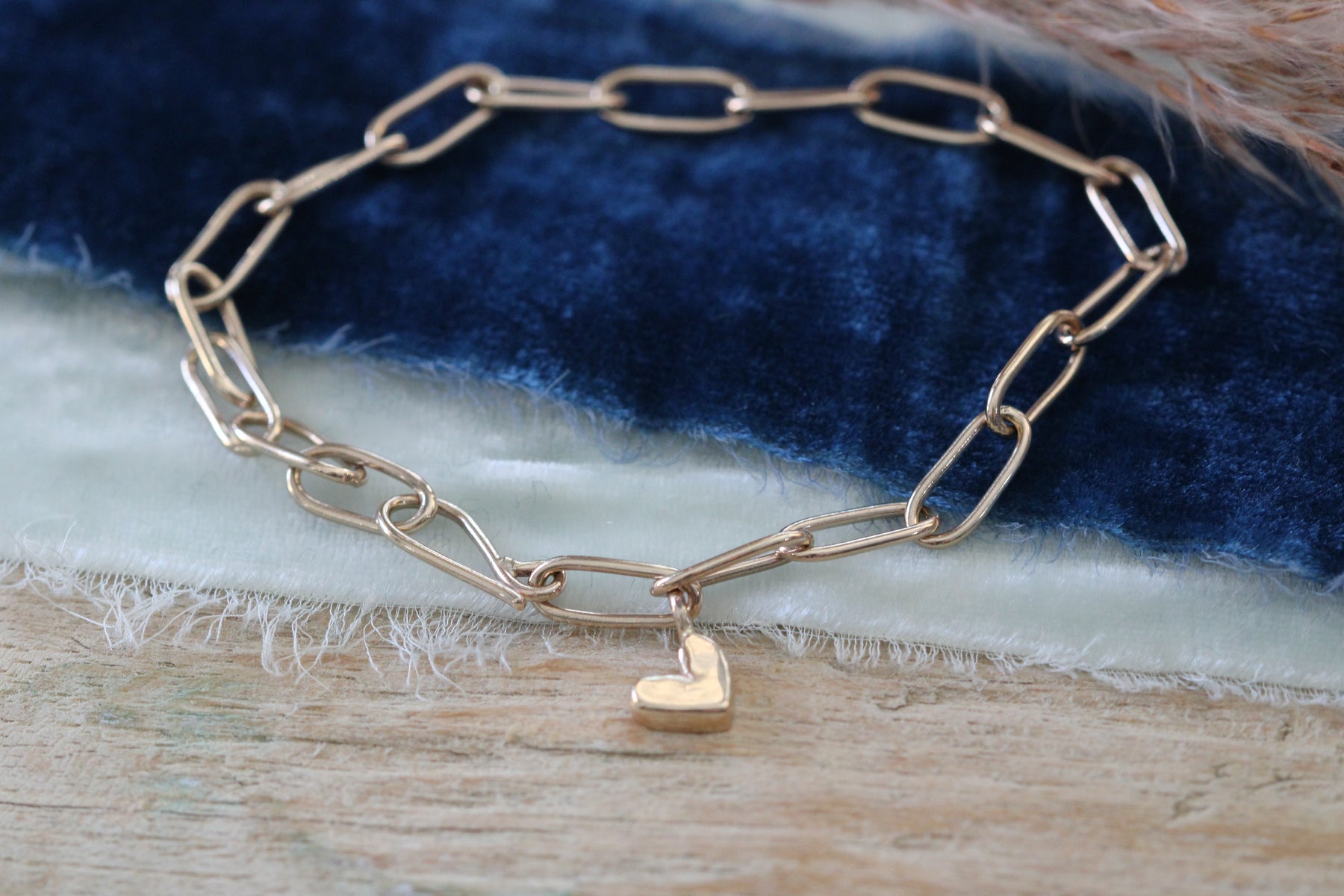 14k gold Heart charm on handmade paper clip chain bracelet