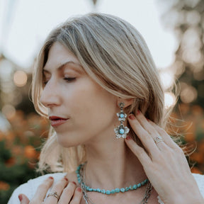 Flower blossom and turquoise sterling silver and 14k gold statement earrings